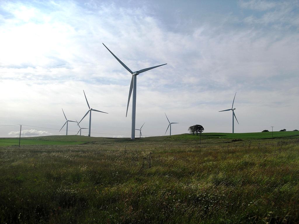 Wind turbines at sunset in a field
